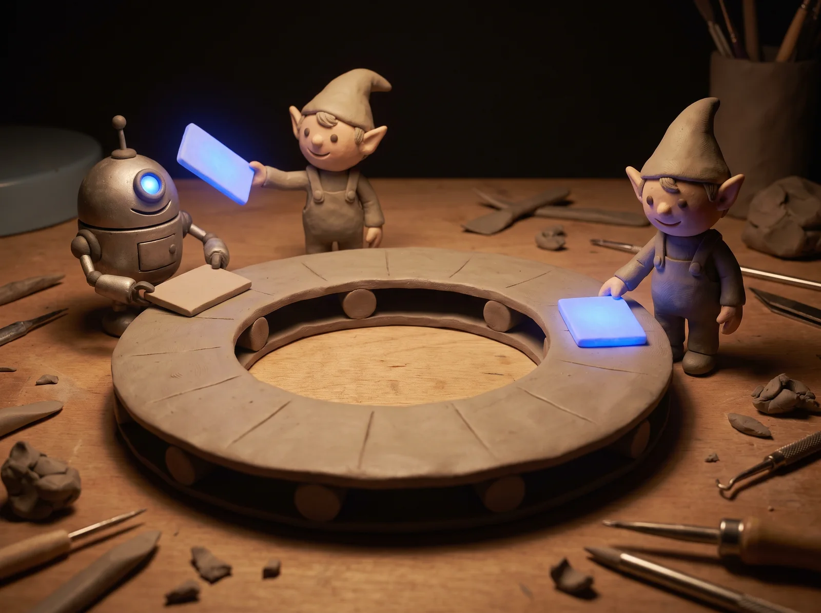 Claymation scene: elves and a cobalt-eyed robot pass finished cards around a closed ring belt back into the next batch.