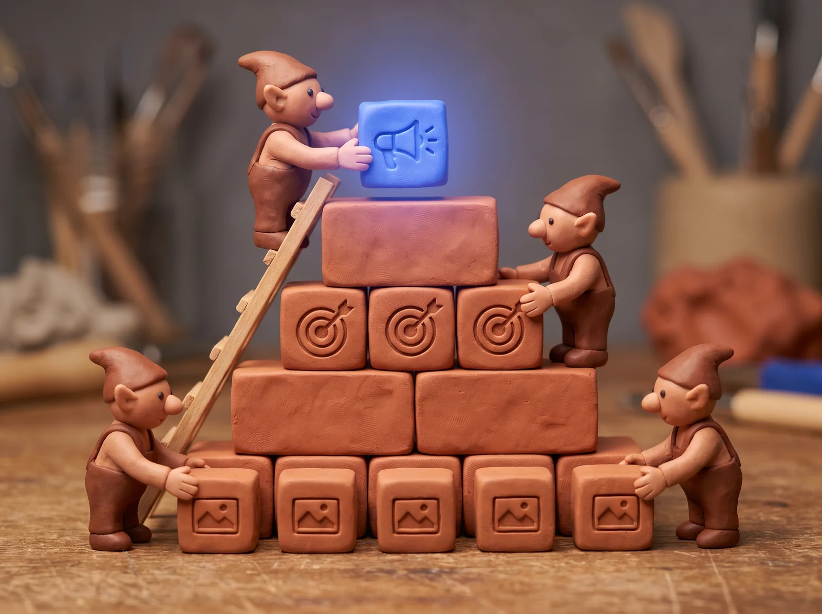Claymation scene: a team of elf builders assembles a tiered campaign structure, topping it with a glowing cobalt block.