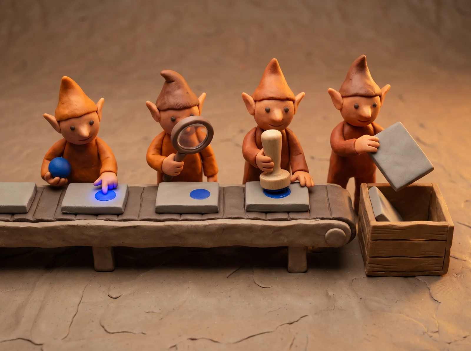 Claymation scene: four elf workers along a belt tag each event with a cobalt marker, inspect it, stamp it verified, and set duplicates aside.